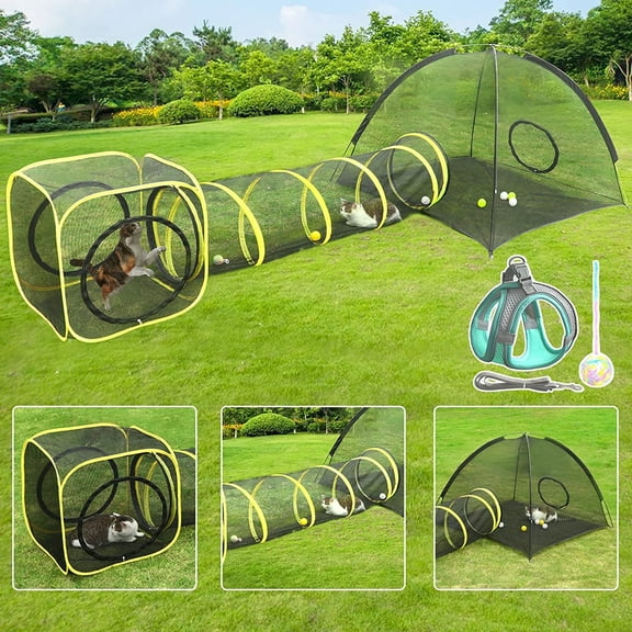 Wilwolfer 5PC Cat Toys Tunnel Portable Pets Kitty Mesh Tent with Cat Harness & Walking Leash Indoor Outdoor