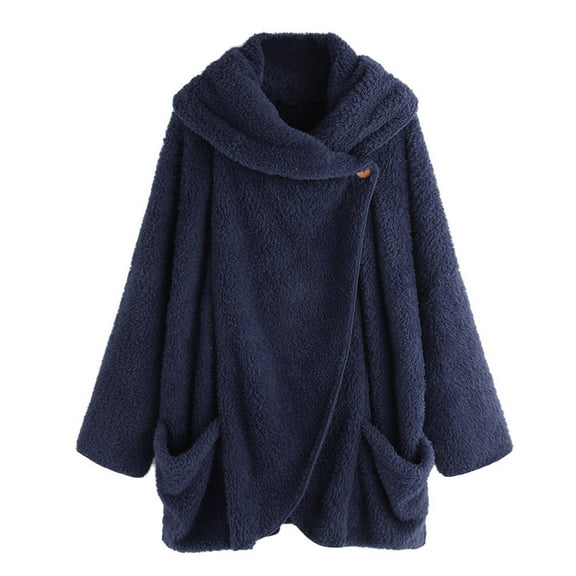 BXINGOHAI Coats for Women Button Plush Large Lapel Sleeve Cardigan Solid Color Sweater Jacket Trendy 2024 Fall Winter Warm Lightweight Fleece Jacket Comfy Wool Coats With Pockets Navy,XXL