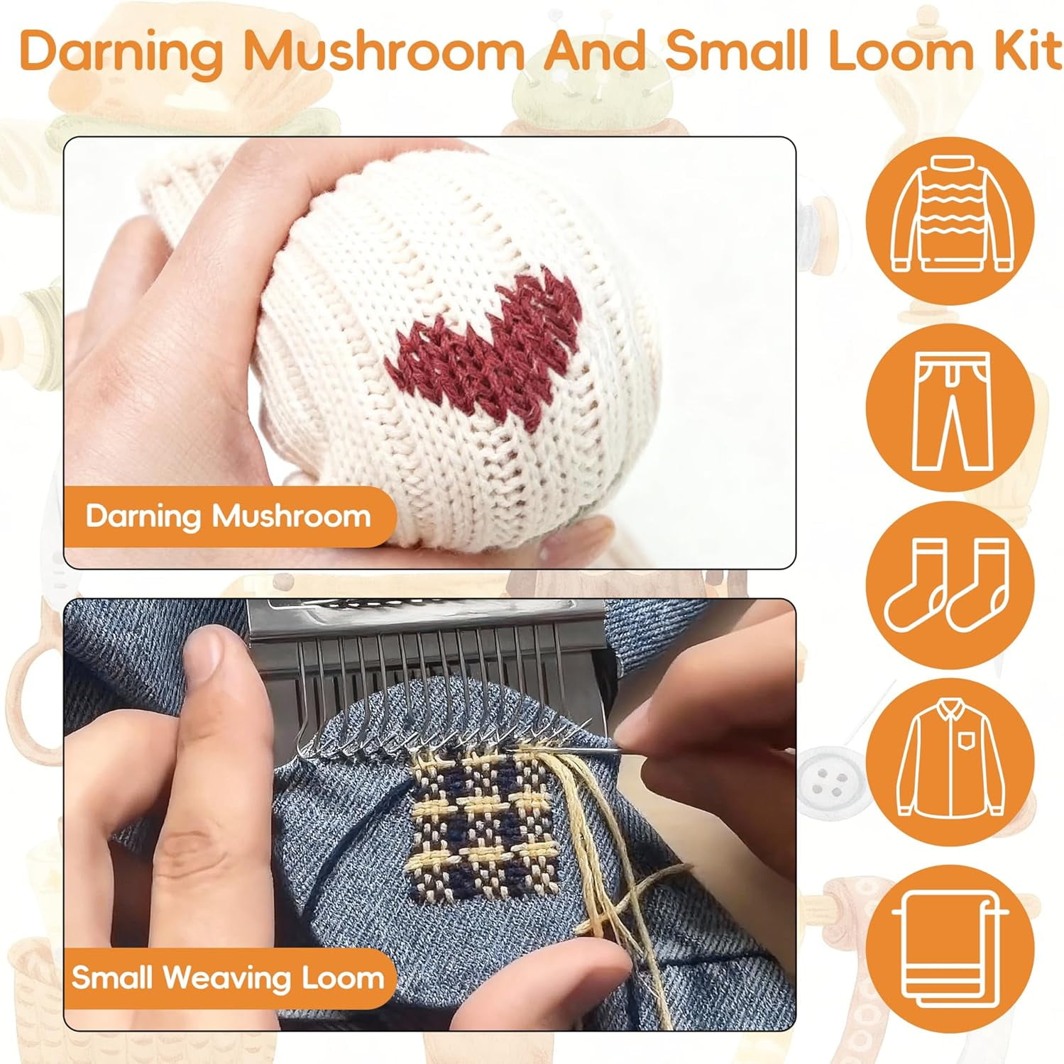 Mini Darning Loom and Knit Repair Kit with 50 Color Threads, Needles, Hooks for Mending Jeans, Socks, DIY Craft