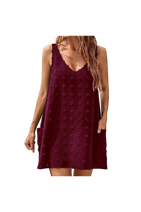 Women's Sundress Summer Strap Dress Seashore Beach Gown V Tie Pocket Plush Ball Solid Color Drop Waist Dress