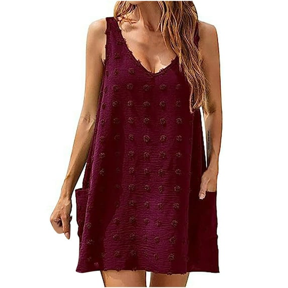 IROINNID Women's Sundress Summer Strap Dress Seashore Beach Gown V Tie Pocket Plush Ball Solid Color Drop Waist Dress