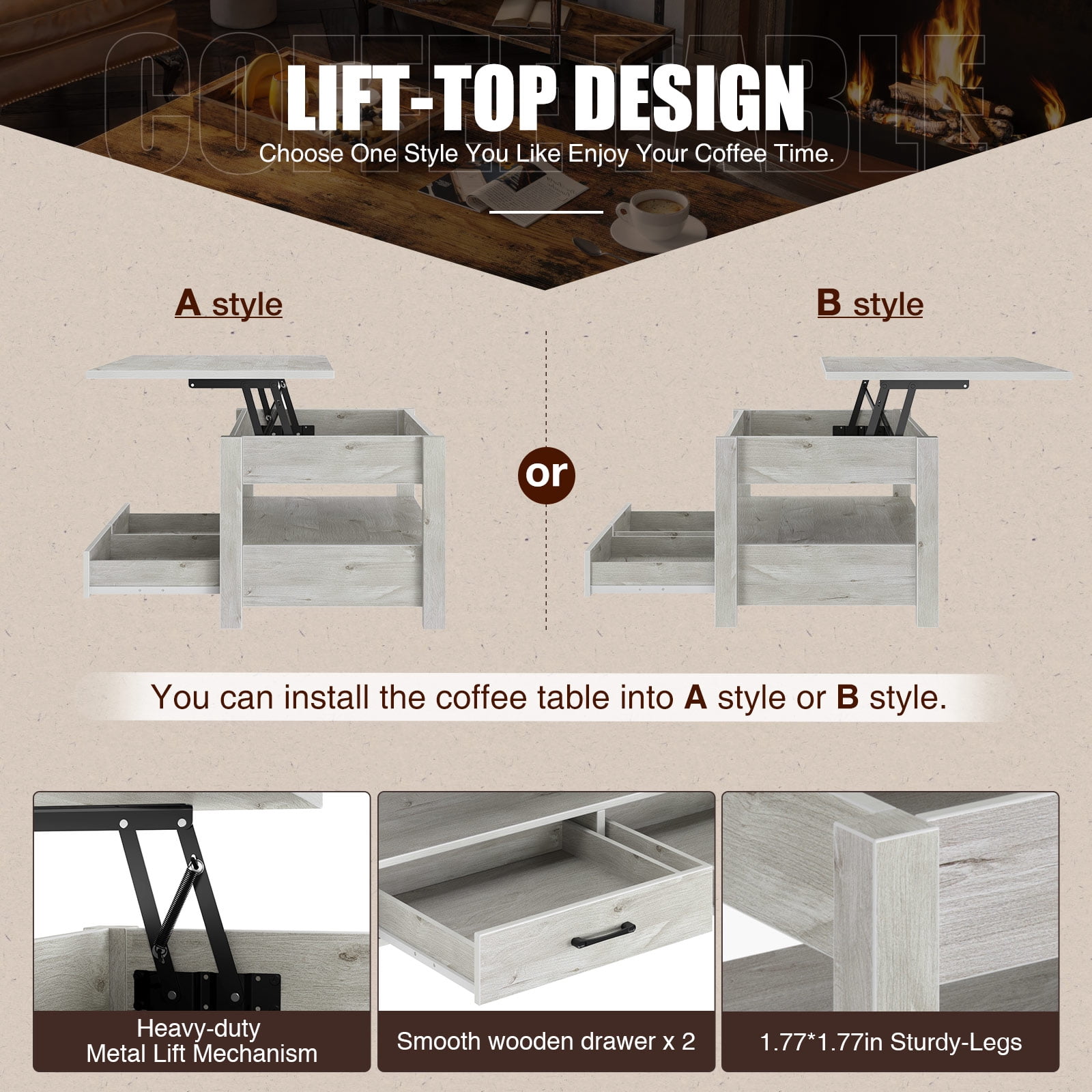Greenstell Coffee Table, 39" Lift Top Coffee Table with Drawers and Hidden Compartment, Gray
