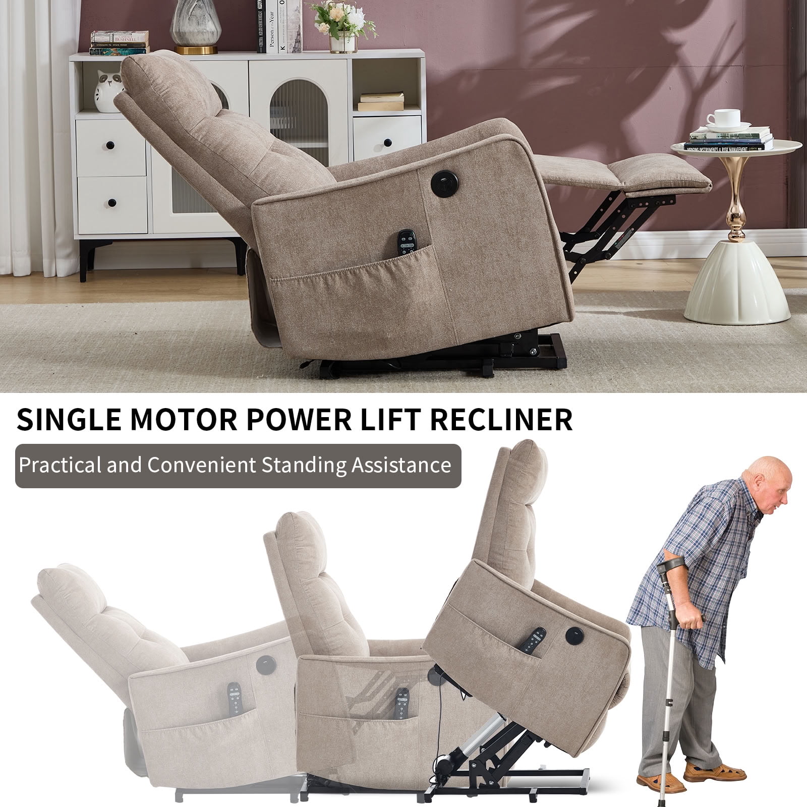 MAYEERTY Chenille Power Lift Recliner Chair for Elderly, Single Motor Electric Lift Chair with 8-Point Massage & Lumbar Heat, USB Charging Port, for Living Room Bedroom