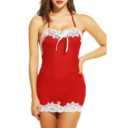 

Girlsshop Women Lace Mesh Halter Lingerie Bodydoll Sheer See-through Sleep Dress
