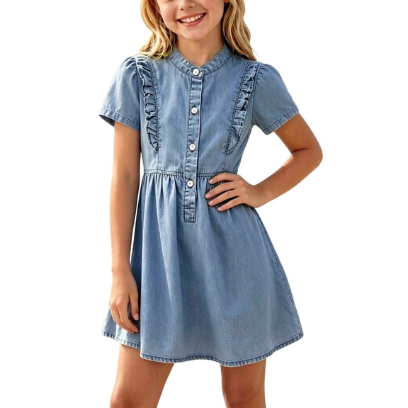 LOOK! Auroural Children's Summer Solid Color Tighten Waist Short Sleeve Dress Shirt Dress Denim Dress Kids（3-6Years）