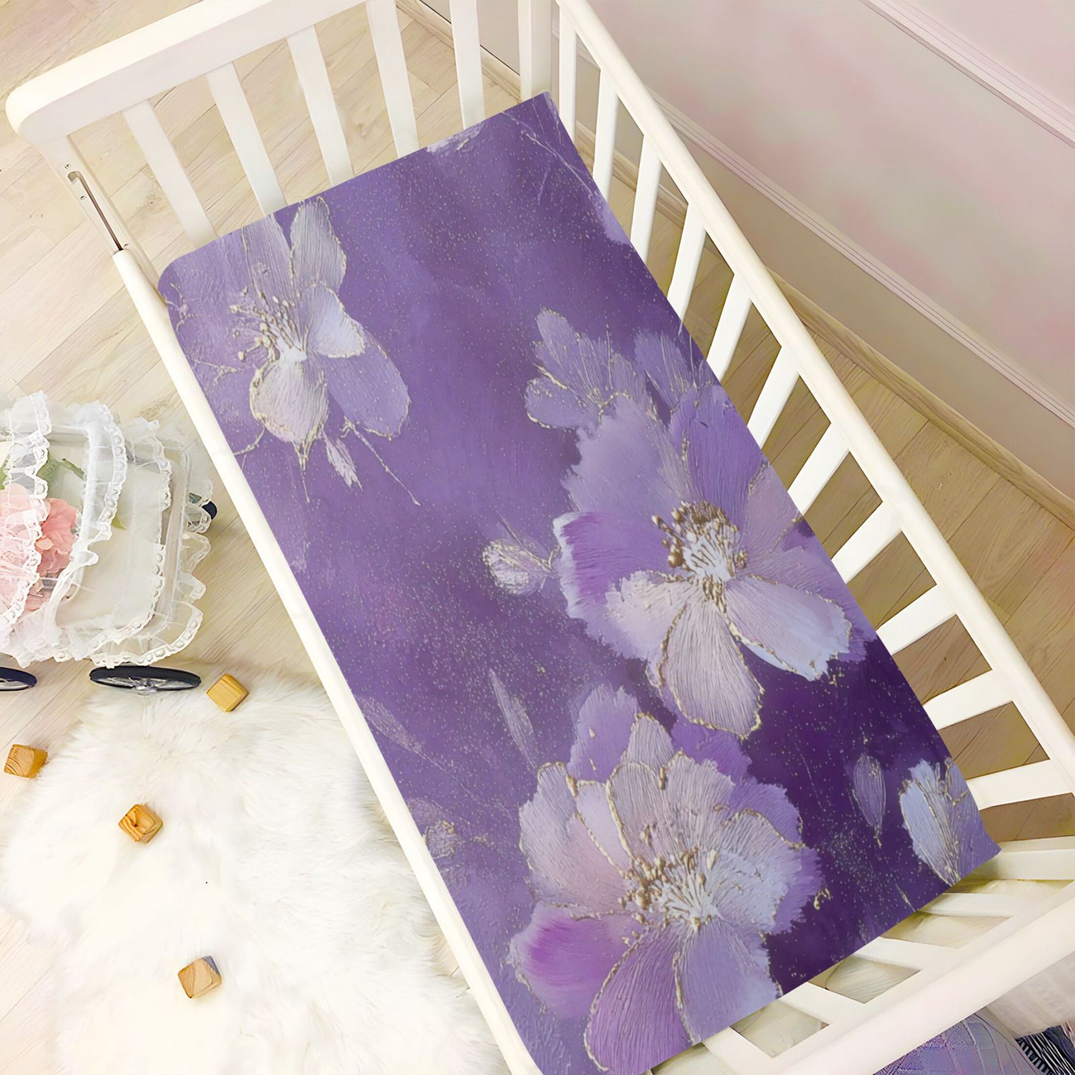 Baby Essentials 52”x 28”- Standard Cotton-like Modal Elastic- Purple Flower Pattern Design Crib Sheets for Newborns and Toddlers