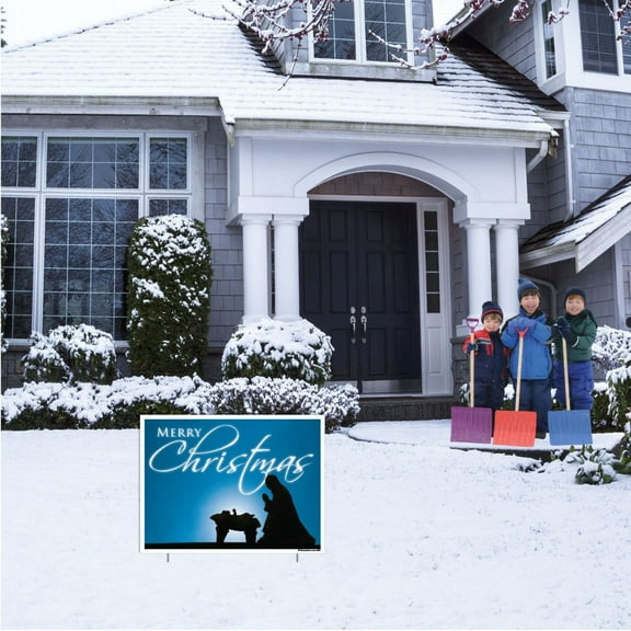 Merry Christmas Yard Signs, 18x24 Inches, 2 Metal Stakes, Blue Manger Design