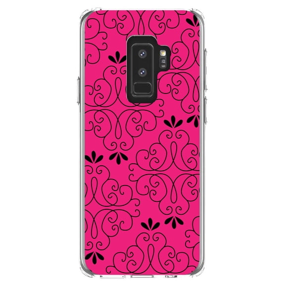 DistinctInk Clear Shockproof Hybrid Case for Samsung Galaxy S9  PLUS (6.2" Screen) - TPU Bumper, Acrylic Back, Tempered Glass Screen Protector - Neon Pink Black Floral Pattern