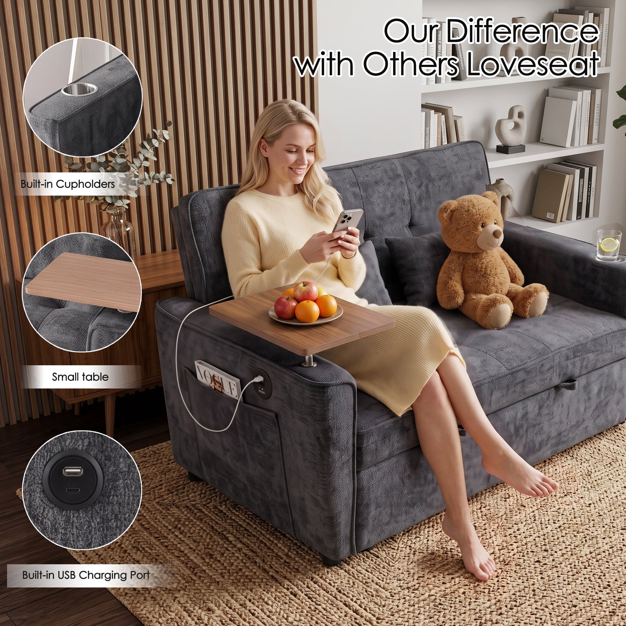 Xiweot 54" Convertible Sleeper Sofa Bed, Full Size Pull Out Couch with Adjustable Backrest, USB Ports & Cup Holder, Chenille Loveseat Sleeper for Apartment Living Room, Dark Gray