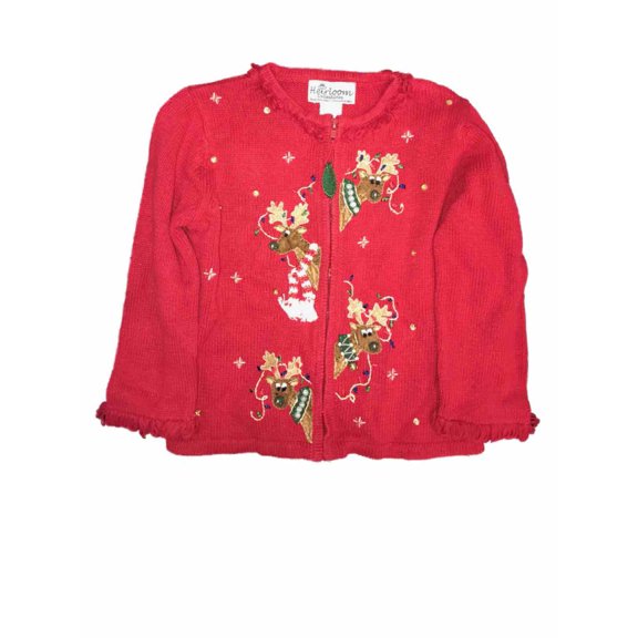 Girls Red Long Sleeve Zip Up Silly Reindeer Ugly Christmas Sweater Holiday Top 5