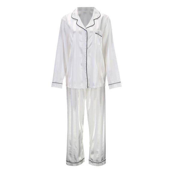 Wang6 Satin Pajamas for Women Sets Soft Silk Pjs Lounge Set 2 Piece Long Sleeve Button down V Neck Shirts Wide Leg Pants Loose Stripe Printed Sleepwear Nightwear Sets White XL