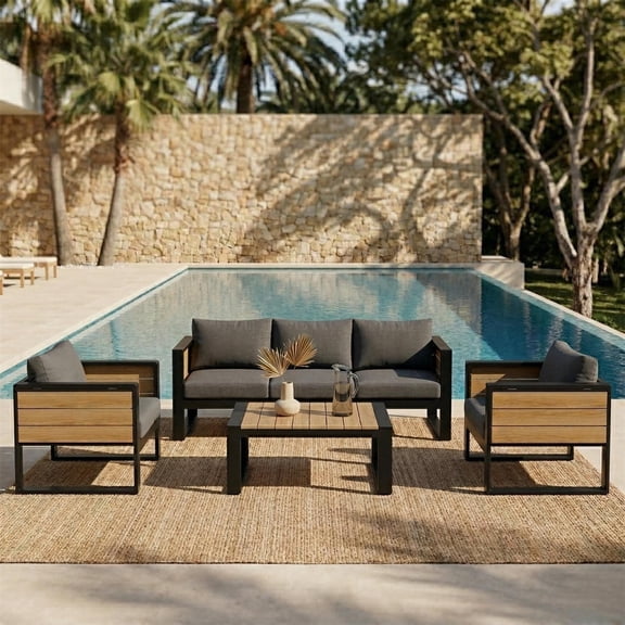 6-Pieces Outdoor Patio Furniture Set, All-Weather Patio Outdoor Dining Conversation Sectional Set with Coffee Table, Wicker Sofas, Ottomans, Removable Cushions (Gray)