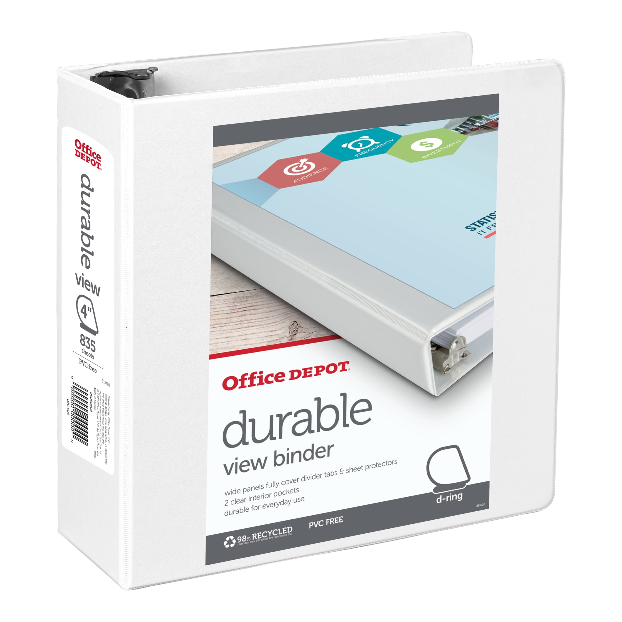 Office Depot® Brand Durable View D-Ring Binder, 4' Rings, 59% Recycled, White