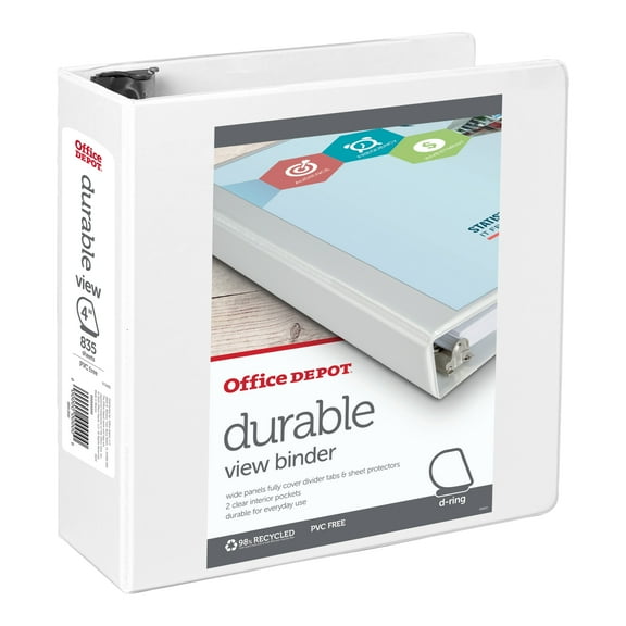 Office Depot® Brand Durable View D-Ring Binder, 4" Rings, 59% Recycled, White