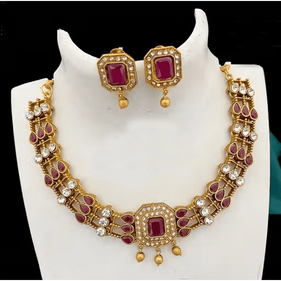 Traditional Ruby Red Kundan Choker Necklace Set with Square Earrings for Women