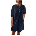thumbnail image 1 of Birdeem Womens Spring and Summer Round Neck Solid Cotton and Linen Button Casual Pocket Short Sleeved Dress, 1 of 7