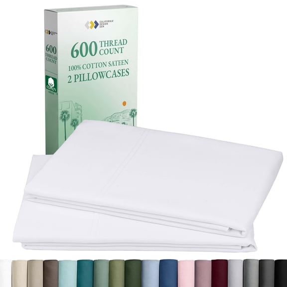 California Design Den 600 Thread Count Standard Pillow Cases, Set of 2 100% Cotton Sateen, Fits all Standard or Queen Pillows, Bright White