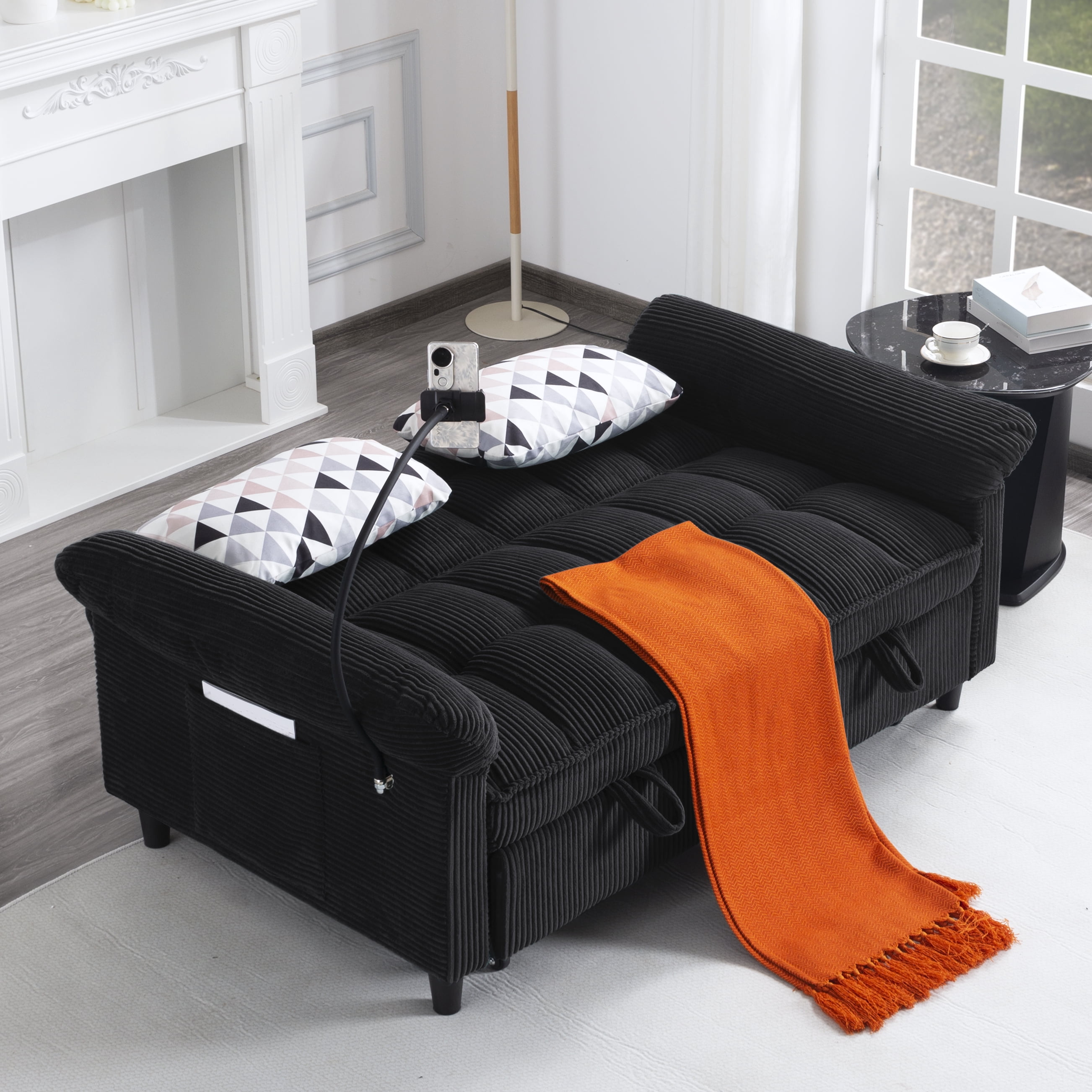 Gewnee 58" 3‑in‑1 Corduroy Convertible Sleeper Sofa Bed, Pull‑Out Loveseat with 3 Adjustable Reclining Positions & Side Storage Pocket, Multi‑Purpose Guest Sofa for Living Room, Guest Room, Black
