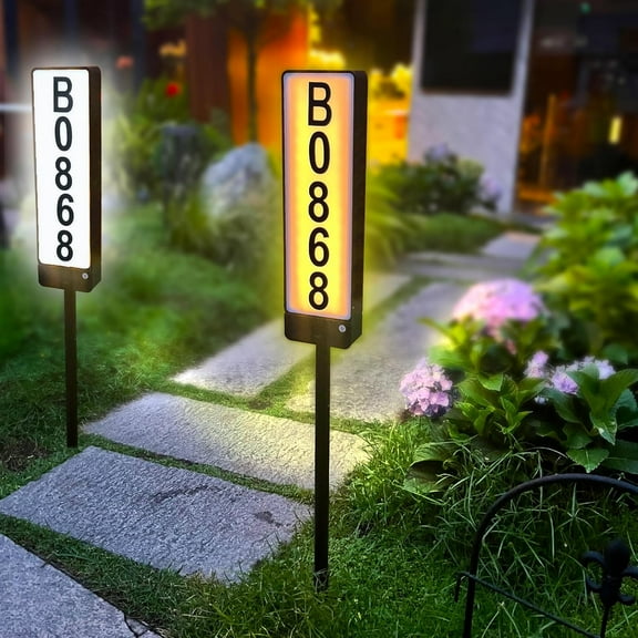 Solar Address Sign, Double Side House Numbers for Outside Light Up, Led Illuminated Address Number Outdoor with Stake, IP65 Warm/Cold White Outdoor House Plaque for Yard Driveway Mailbox Street