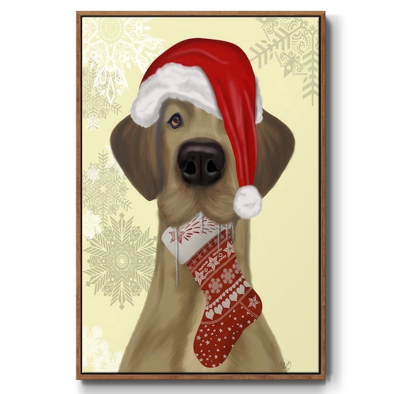 Christmas Drooly Christmas Dane - Framed Gallery Wrapped Holiday Canvas - 17 x 25 - Rosewood Frame