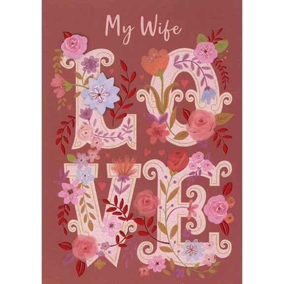 Designer Greetings LOVE Letters, Small 3D Die Cut Flowers, Red Foil Vines and Red Gems Hand Decorated Valentine's Day Card for Wife