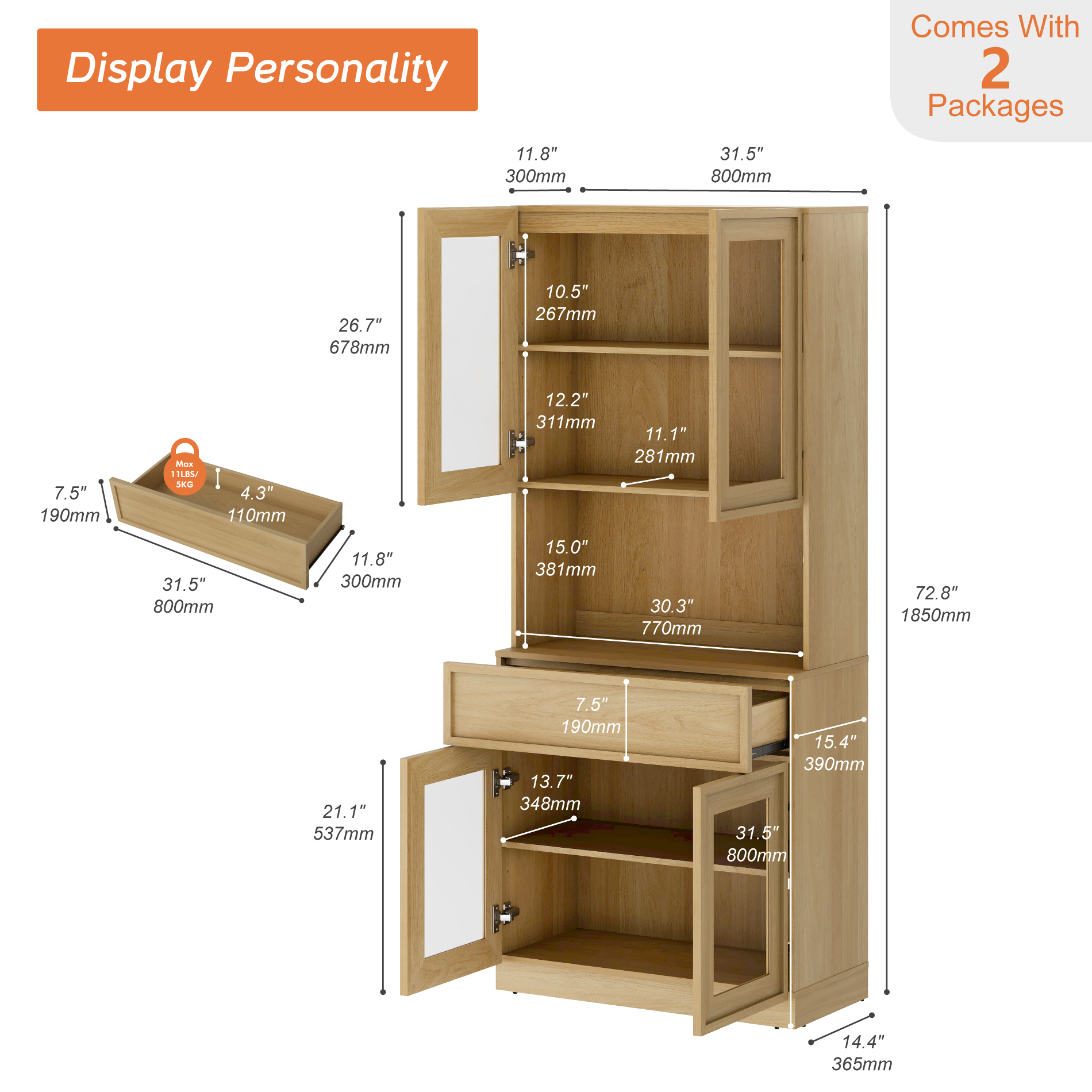 Modern 72"Tall Sideboard, Wood Buffet Display Cabinet with Glass Doors, Drawers and Adjustable Shelves, Multi-Layer Storage Console for Dining Room,Living Room,Entryway,Oak