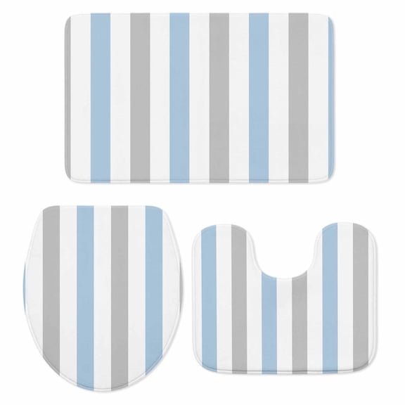 Light Blue Grey Stripe Bath Mat 3 Piece Bathroom Rug Set, Modern Farmhouse Vertical Striped Non Slip Bath Rug Contour Mat and Toilet Lid Cover, Absorbent Shower Mats Soft Bath Rugs and Mats Sets