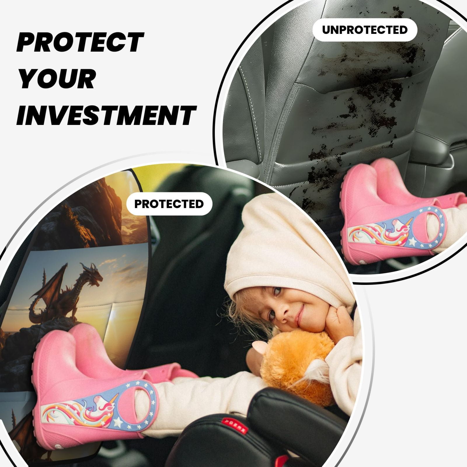 Xecao Seaside Sunset Cool Dragon Pattern Car Seat Back Protector 2 Pack Large Capacity Pocket, Kick Mats Back Seat Protector