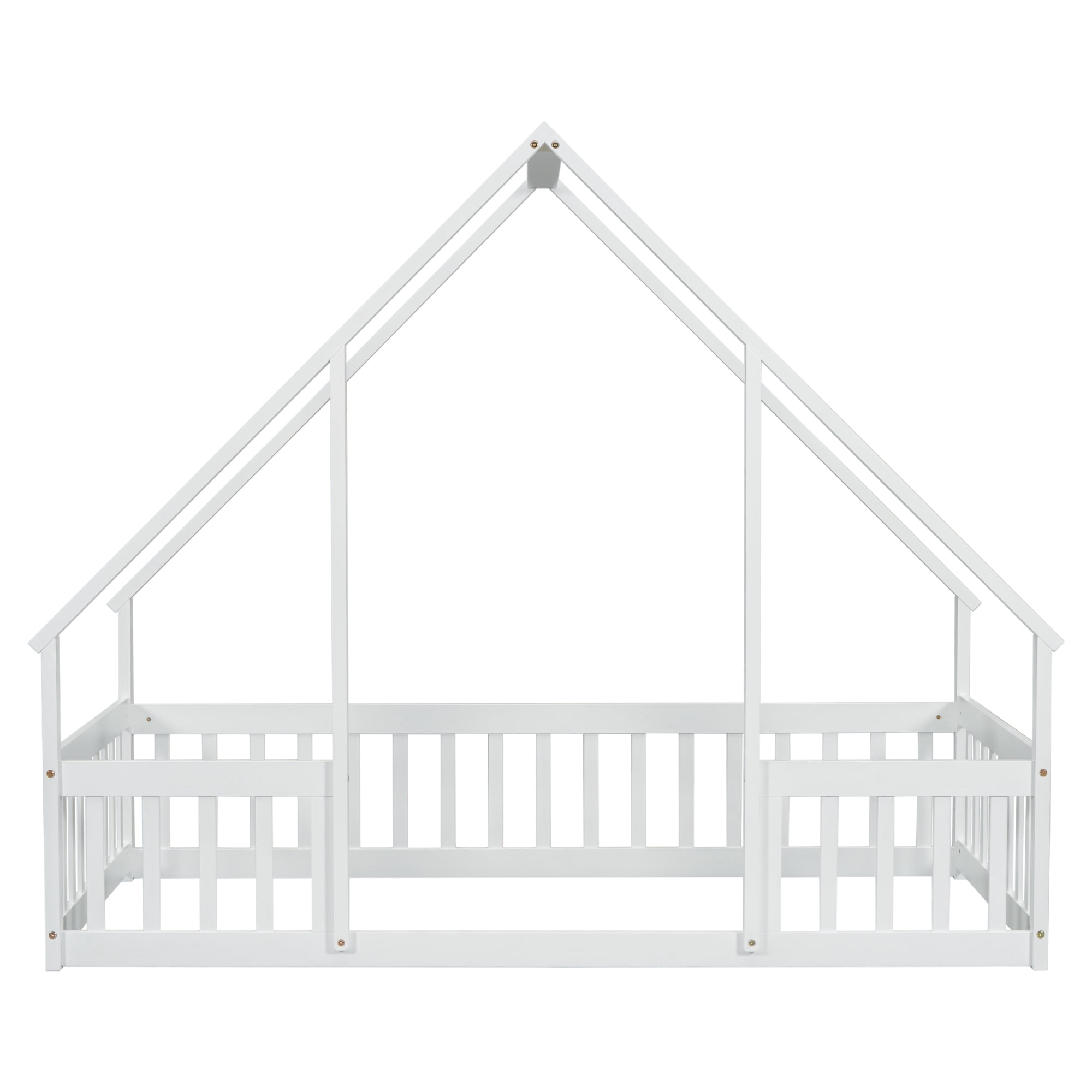 Leumius Twin Wood House-Shaped Floor Bed with Fence, Guardrails for Boys Girls White