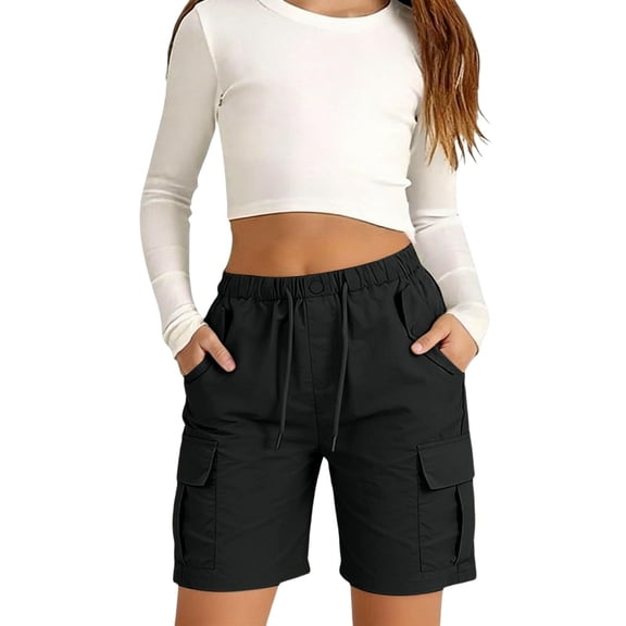 Kiijoy Girls Athletic Cargo Shorts Summer Casual Drawstring Shorts, Black, Sizes 2-15
