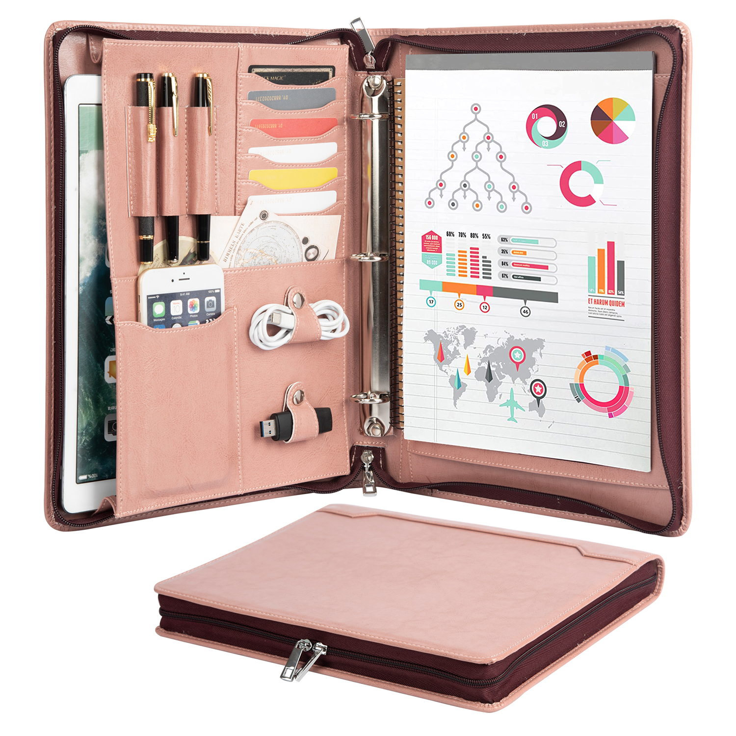 AZXCG Pink Leather Padfolio 3 Ring Binder Portfolio Business Folder