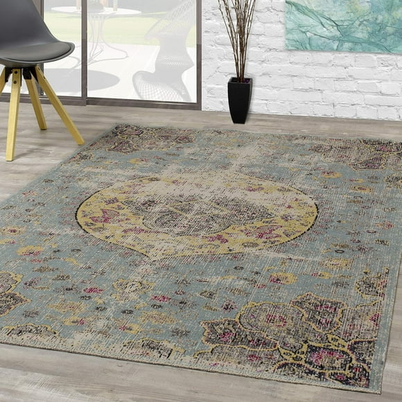 Northside Decor Tapis Médaillon Bleu Jaune Tissage Plat, 5 Pieds3 Pouces x 7 Pieds7 Pouces