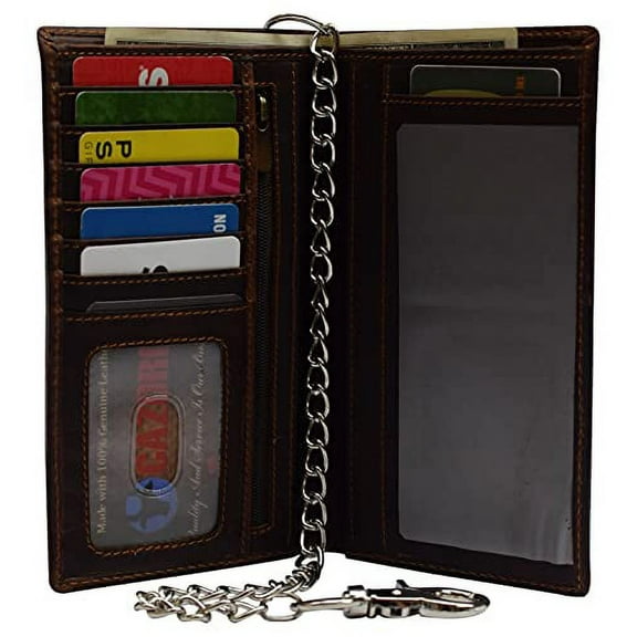 RFID Blocking Vintage Leather Slim Long Bifold Checkbook Biker Chain Wallet