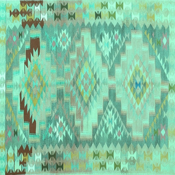 Ahgly Company Machine Washable Indoor Square Southwestern Turquoise Blue Country Area Rugs, 4' Square