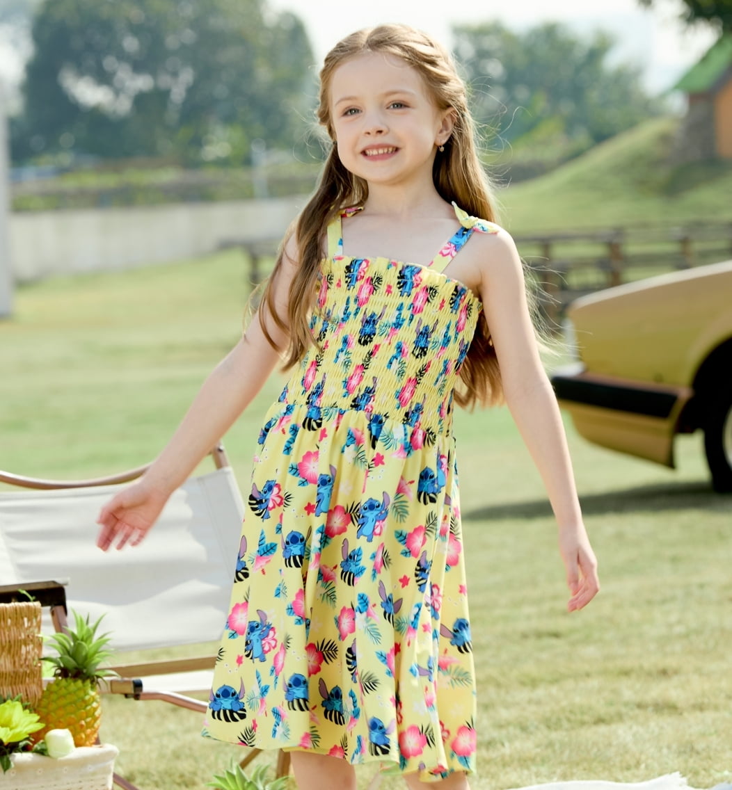 Disney Girls Dresses Stitch Hawaiian Flower Floral Sundress Spaghetti Strap Birthday Summer Dress Toddlers Kids 3-4T