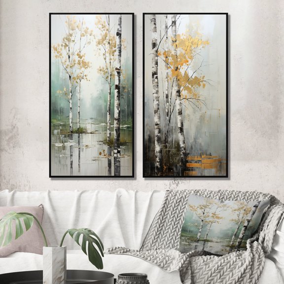 Designart "Birch Woods Ethereal gracefulness IV" Tree Birch Framed Wall Art Set Of 2 - Blue Floral Gallery Wall Frame Set For Home Decor