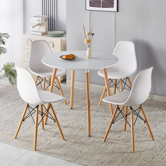 GOWE Modern Dining Chair Sets with Modern Side Table Natural Wood Legs (4 X Cha Modern minimalist design, inspired by classics: Adopting the iconic Eames style design, paired with a 35.4-inch diame