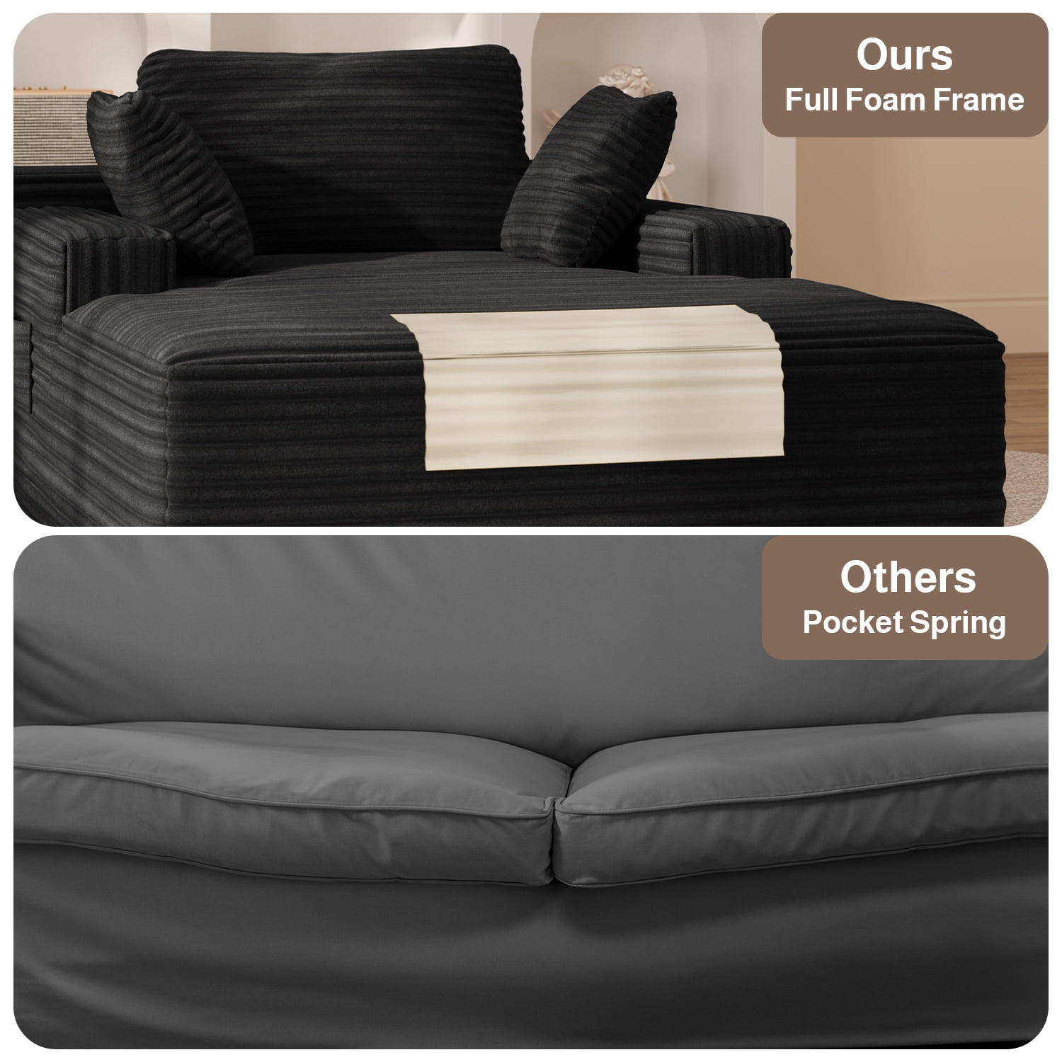 Lofka 47'' Oversized Chaise Lounge Chair Indoor, No Assembly Required, Sleeper Couch Fluffy Plush Corduroy Cloud Sofas Couches for Living Room, Black