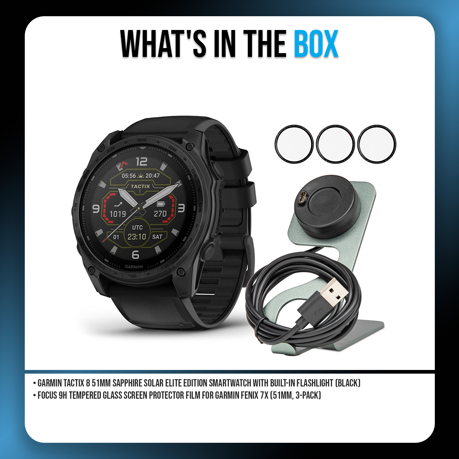 Garmin Tactix 8 51mm Sapphire Solar Elite Edition Smartwatch (Black) with Tempered Glass Screen Protector Film Bundle (13 Items)