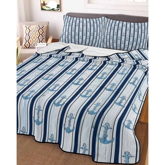 Navy Blue Anchor Nautical Full Size Down Alternative Comforter, Lightweight Comforter Quilt Bedding Set with Pillow Shams Blue Coastal Ocean All Seasons Bed Comforter Duvet Insert 78"x90"