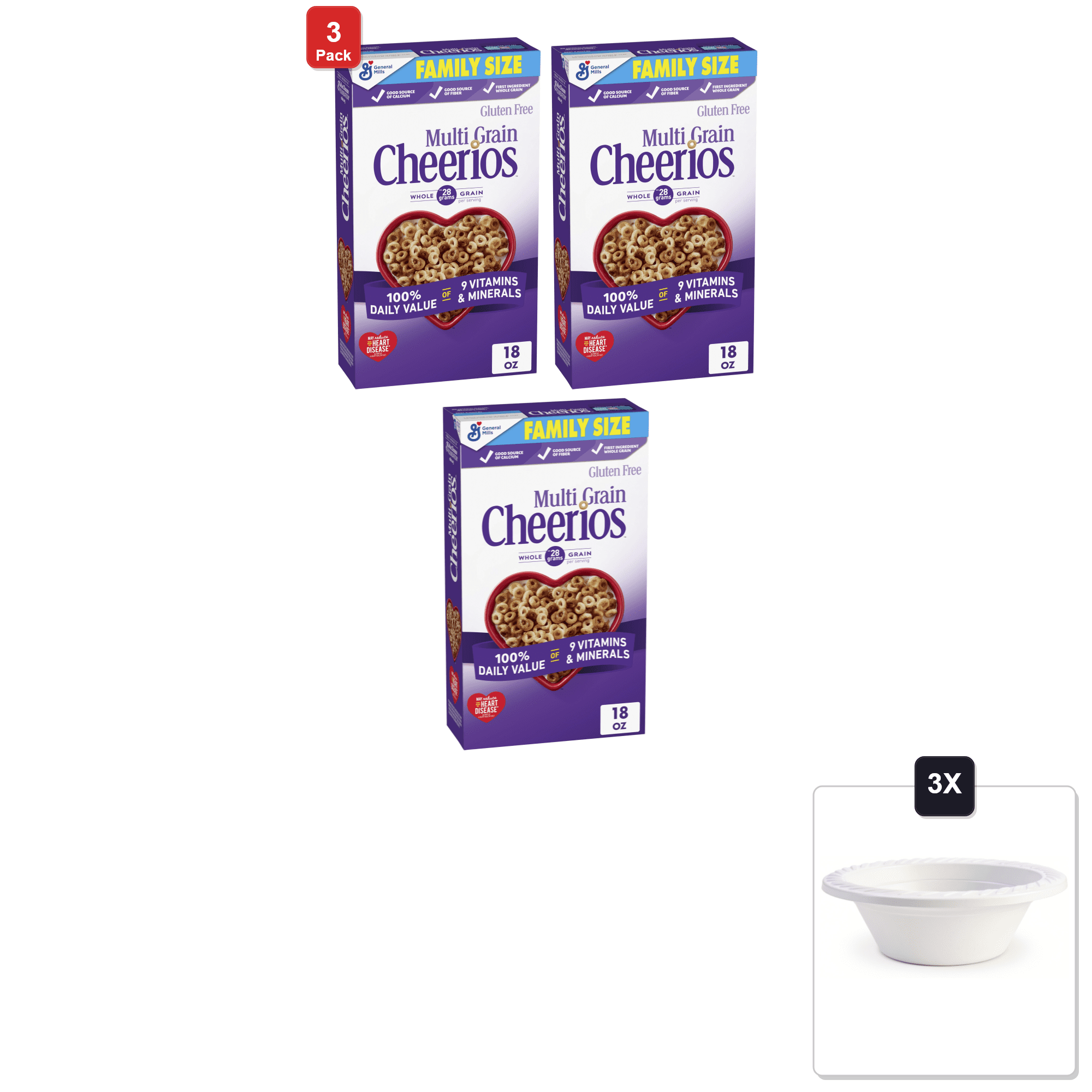 3 Pack | Multi Grain Cheerios, Breakfast Cereal, Family Size, 18 oz & 3x 12oz Disposable Plastic Bowl