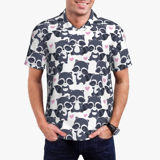 Fotbe Cartoon Raccoon Camiseta Polo de Golf para Hombre con Estampado – Camisa Deportiva Transpirable con Cuello Abotonado-XX-Large
