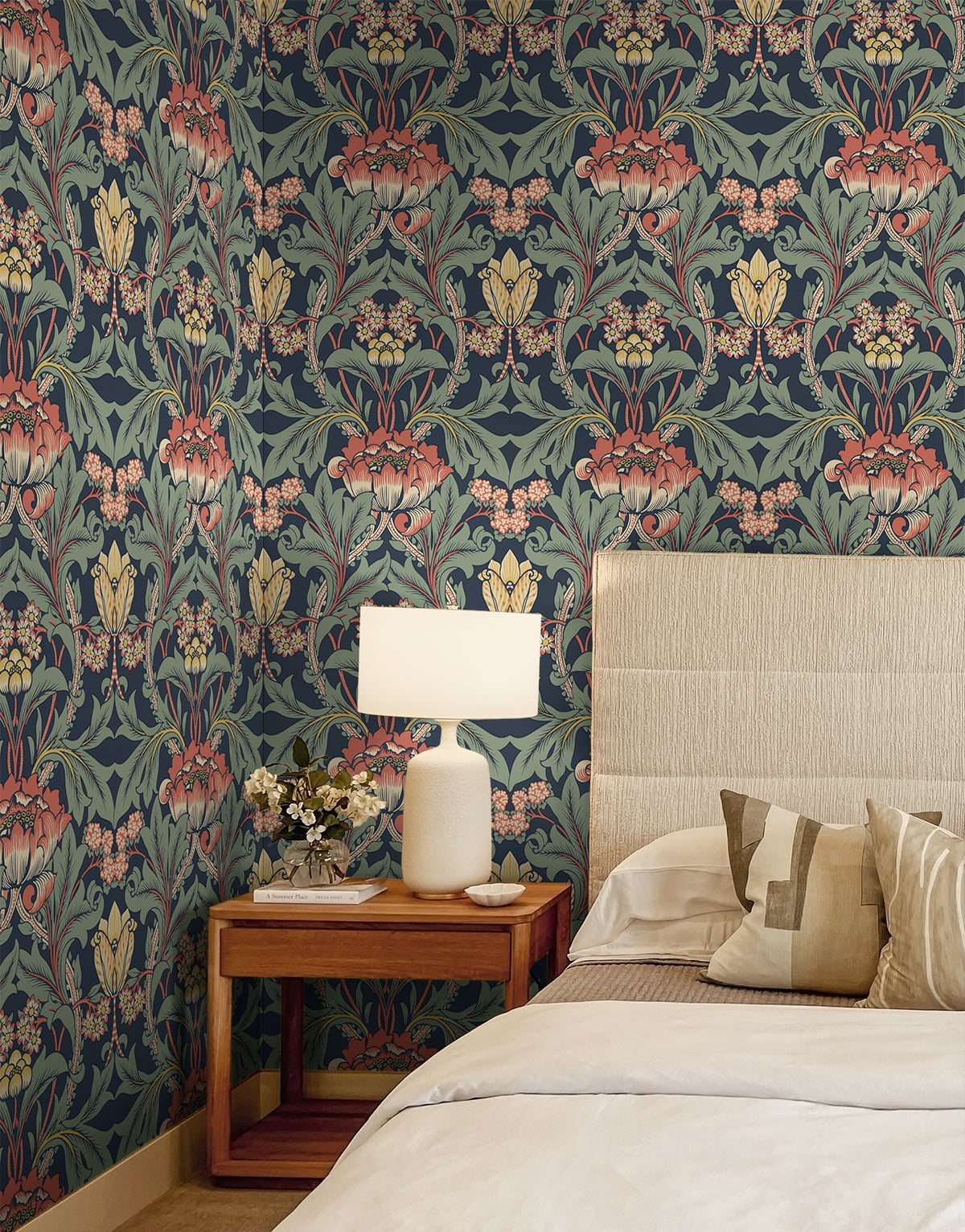 Seabrook Designs Denim Blue & Auburn Primrose Garden Floral Prepasted Wallpaper - 20.9 in. W x 33 ft. Roll