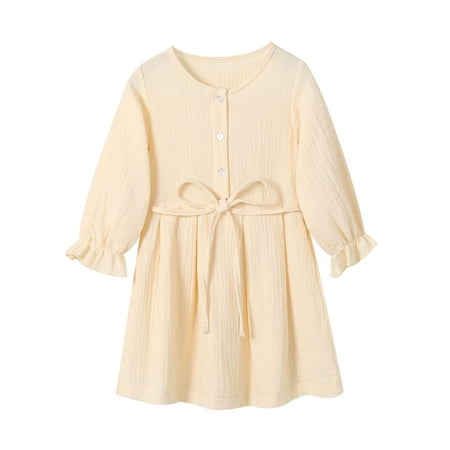 

Musuos Girls Casual Big Hem Dress with Waistband Solid Color Round Collar Long Sleeve Skirt 1-5 Years