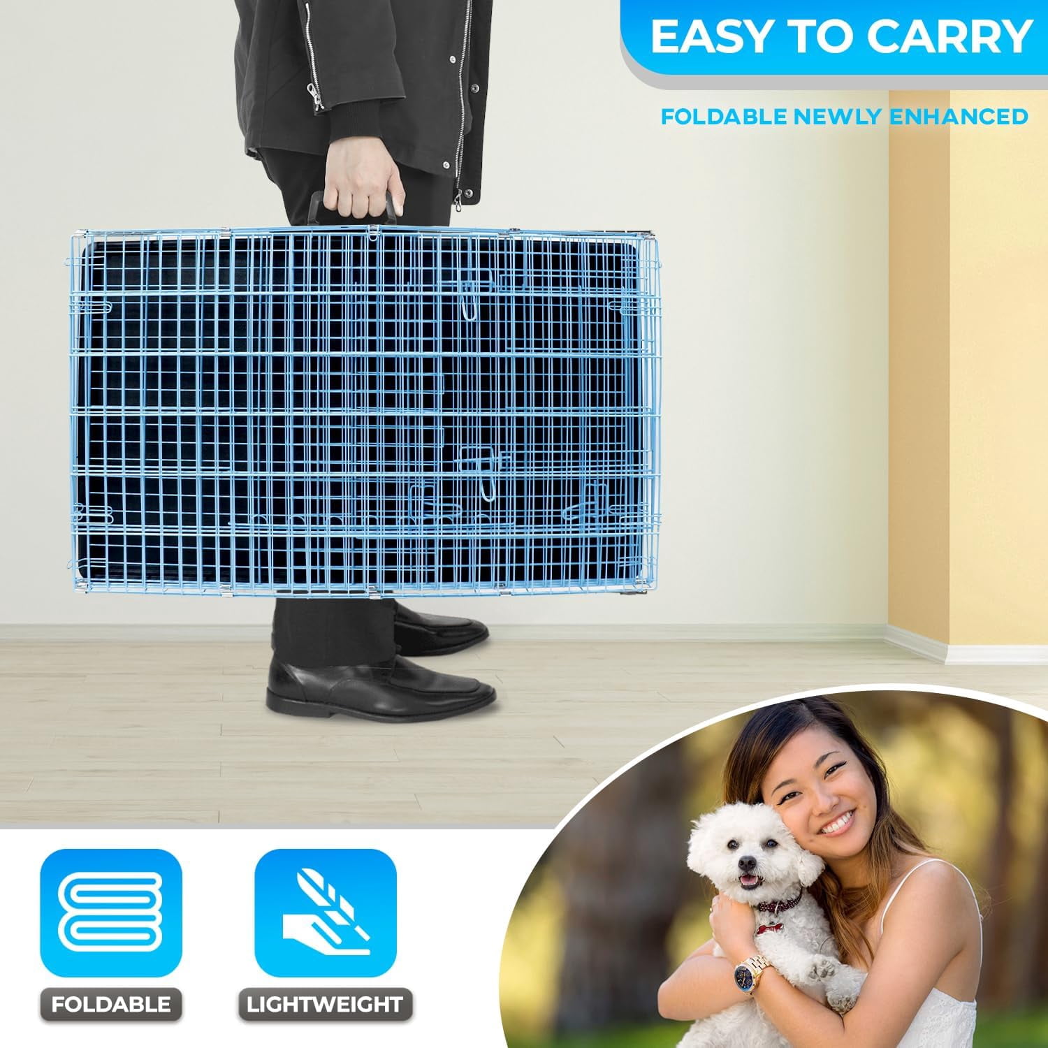 FDW 24 inch Foldable Metal Dog Crate for Small Dogs, Double Door, Divider, Removable Tray(Blue)