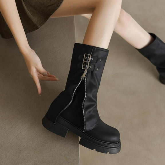 Bnwani Women Boots Footwear Winter Fashion Toe Square Low-Heel Chunky Mid-Calf Casual Solid Boot Black Size 5