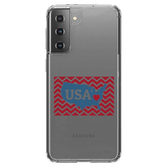 DistinctInk Clear Shockproof Hybrid Case for Galaxy S21 5G (6.2" Screen) - TPU Bumper Acrylic Back Tempered Glass Screen Protector - USA Map Heart Chevron Flag