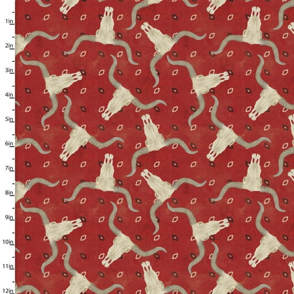 Hold Your Horses Longhorn Bandana Red Cotton Fabric