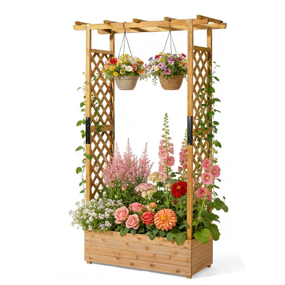 UBesGoo Teak Raised Garden Bed with Trellis & Hanging Roof, Vertical Planter Box with Drainage