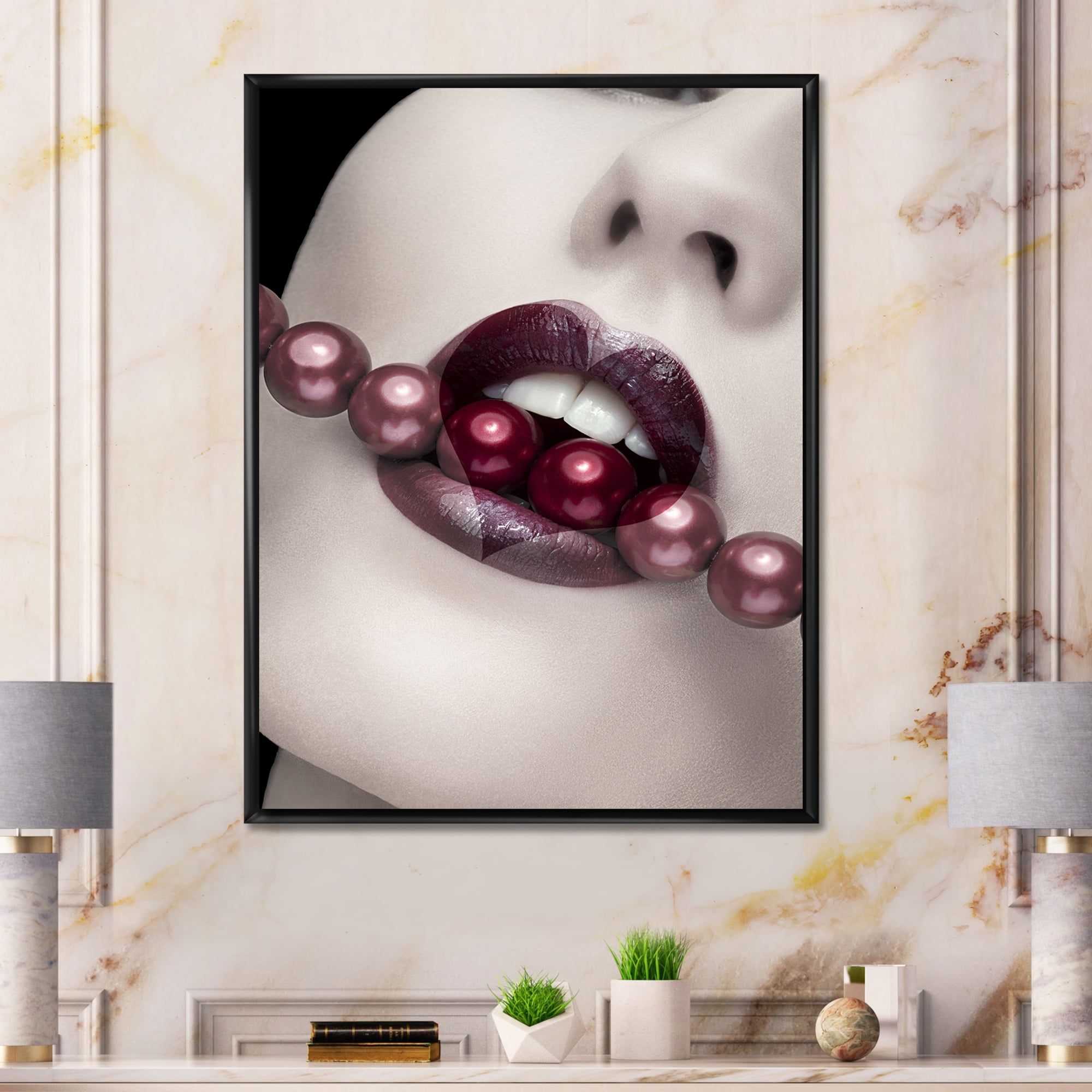 Designart 'Pearls Through Mouth With Heart Shape Lips' Modern Framed Canvas Wall Art Print